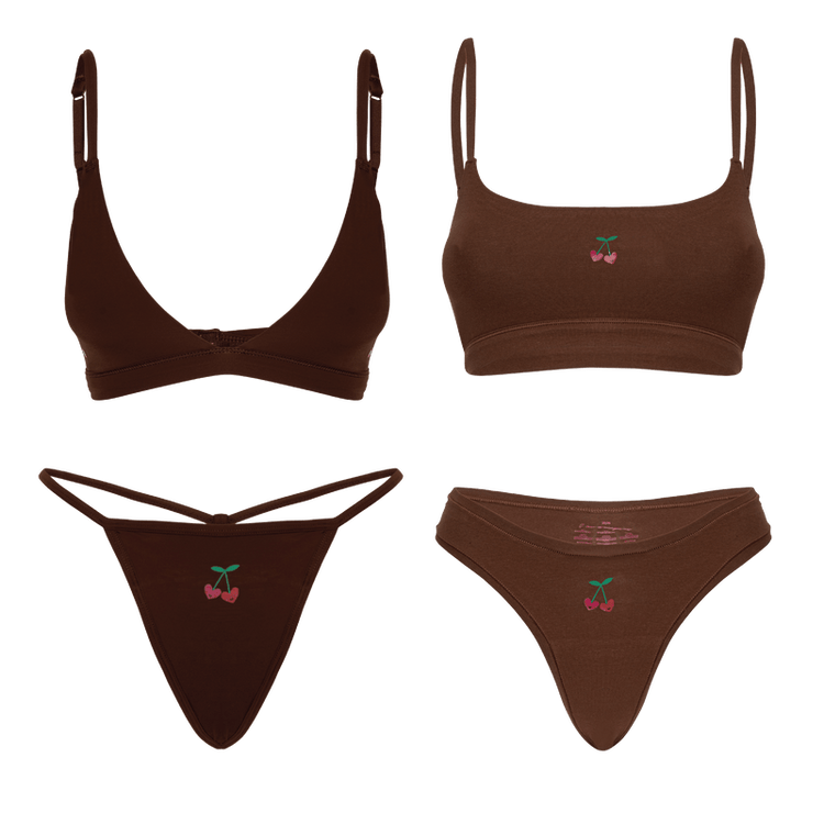 Teen swimwear collection featuring stylish one piece and two piece designs with cherry embroidery