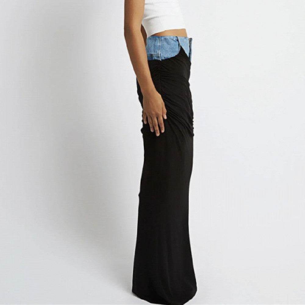Fashion Black Panel Long Pencil Denim Skirt - www.Shopthatapp.com