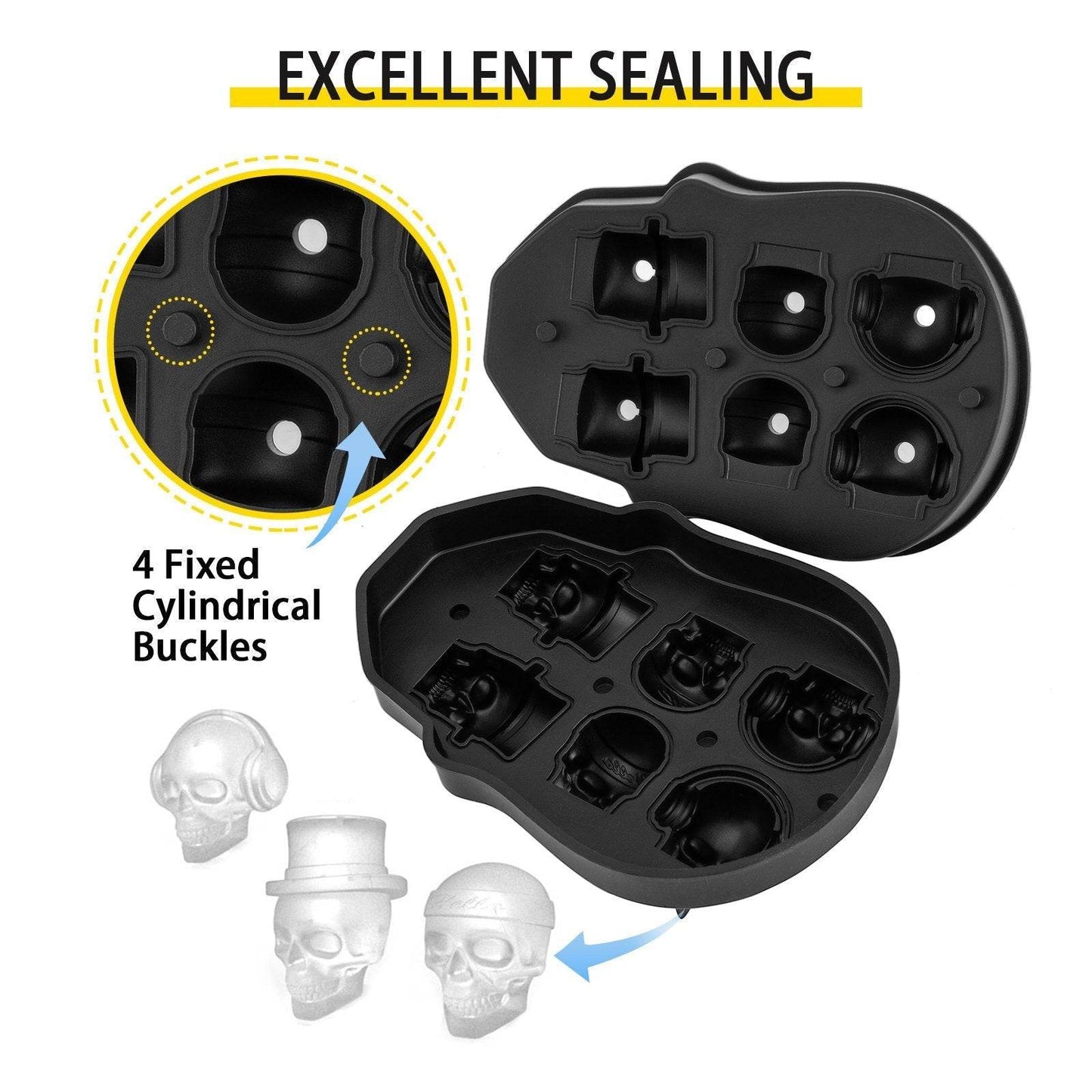 Skull Ice Cube Tray, 6-Grid Skull Ice Ball Maker, Flexible Black Silicone Ice Tray With Lid & Funnel, Skull Ice Cubes In 3 Distinct Patterns For Beverages & Chocolates On Parties & Holidays - www.Shopthatapp.com