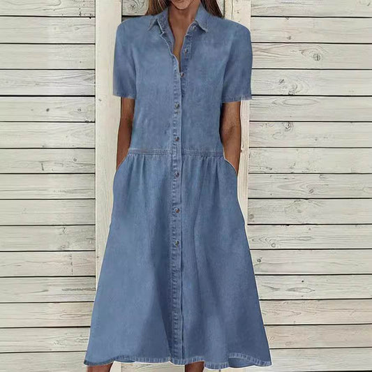 Women's European And American Lapel Casual loose button down Midi Denim jeans Mum Dress - www.Shopthatapp.com
