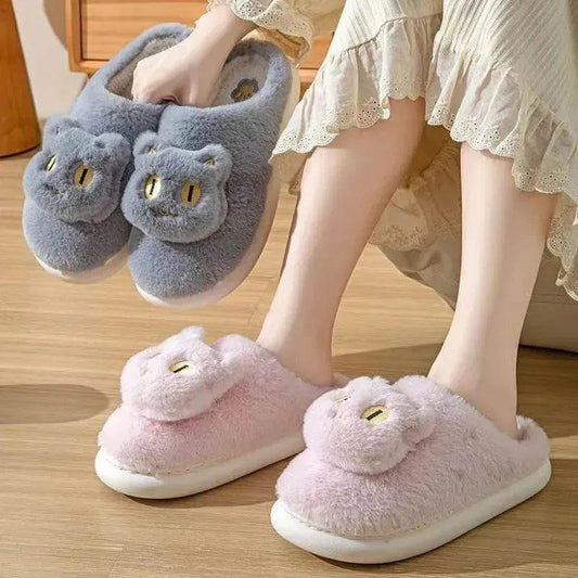 Winter Cotton Cat Slippers Soft Plush Comfy Warm Couple Slip-On House Cute Cat Face Slippers For Winte - www.Shopthatapp.com