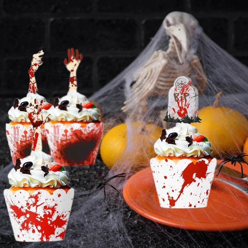 48Pcs Halloween Cupcake Toppers Wrappers Rip Kit Bloody Zombie Hand Cupcake Pick Decorations For Halloween Horror Movie Bloody Theme Birthday Party Cake Decorations Supplies - www.Shopthatapp.com