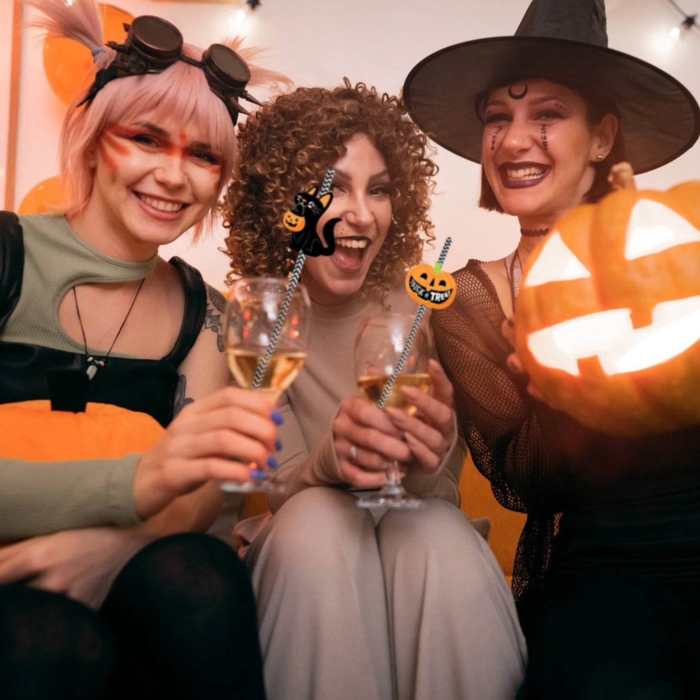 Set Of 25Pcs Halloween Party Striped Decorative Straws Disposable Drinking Straws Paper Straw Decor Happy Halloween Ghost Lantern Black Cat Halloween Party Supplies - www.Shopthatapp.com