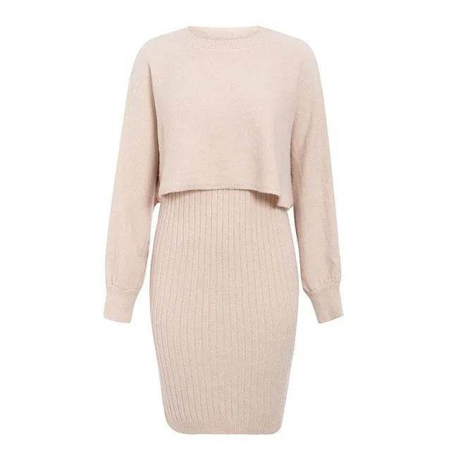 Women 2pcs Winter Outfit Cashmere dress Cropped Pullover top - www.Shopthatapp.com