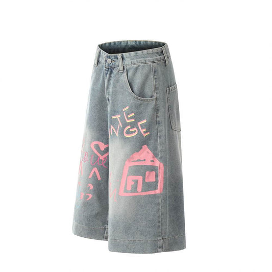 Hand Painted Graffiti Printing Denim Shorts Men Jeans - www.Shopthatapp.com
