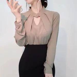 White Chiffon Blouse top Long Sleeves Office Blouses For Women - www.Shopthatapp.com