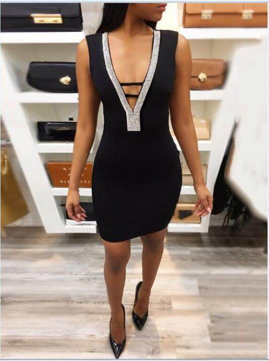 Sexy Slim Ladies Deep V-neck Bodycon Party Dresses Women Summer Sleeveless Hollow Out Backless Package Hip Dress Clubwear - www.Shopthatapp.com