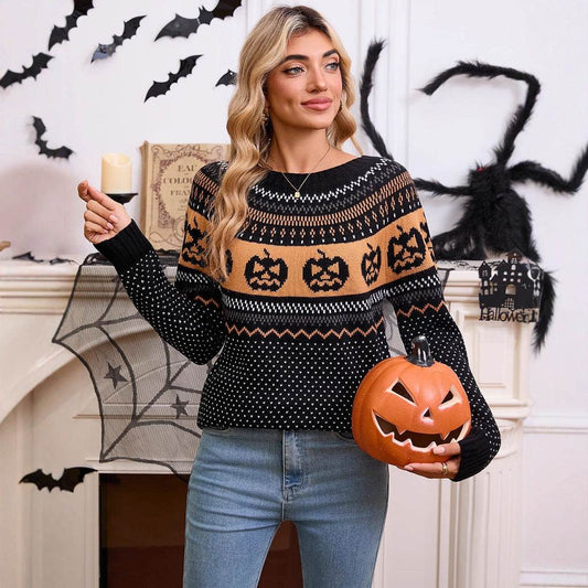 Women's Halloween Pumpkin Embroidered Retro Long-sleeved Sweater - www.Shopthatapp.com
