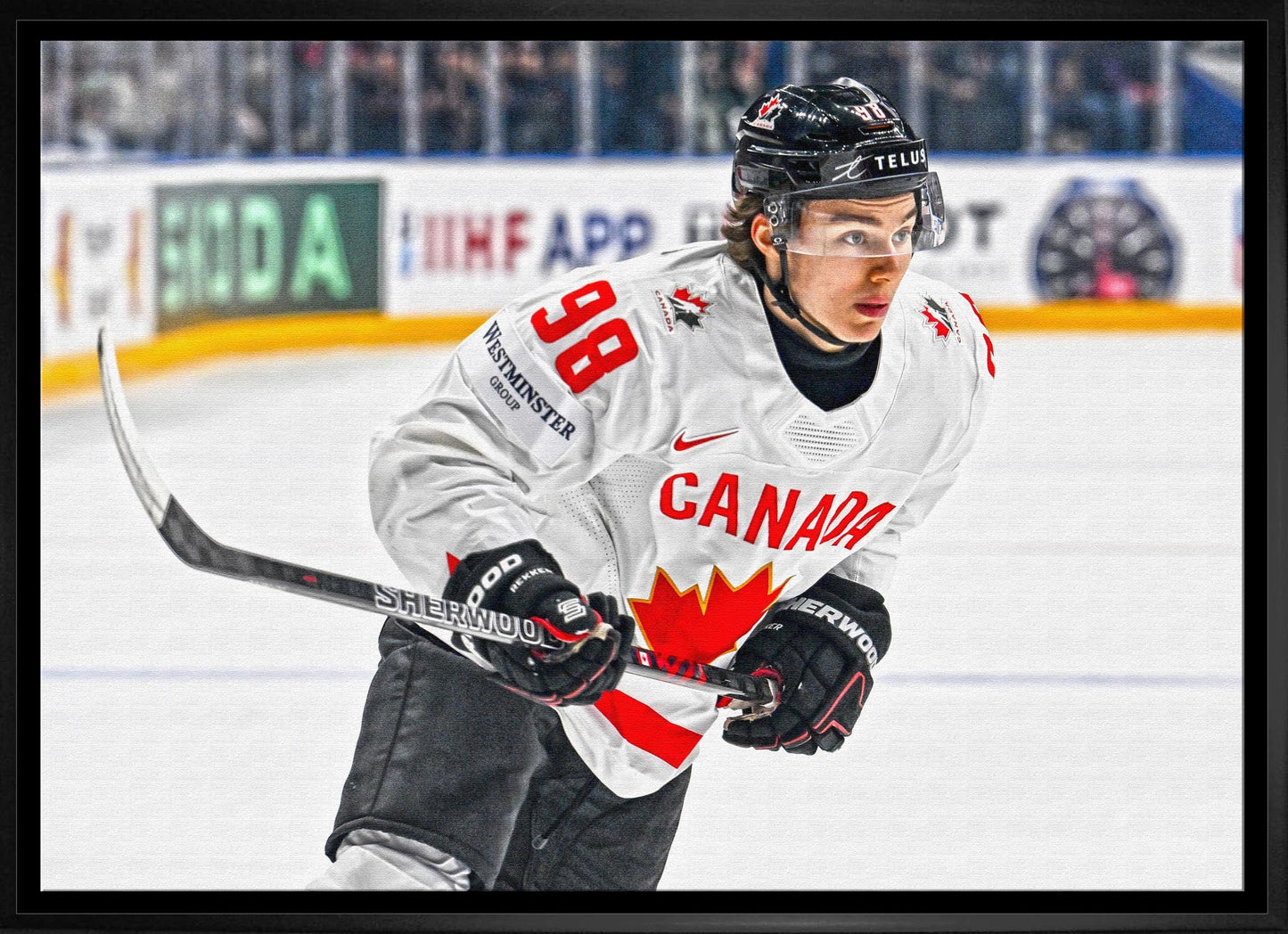 Connor Bedard 20x29 Framed Canvas Canada White Action-H - www.Shopthatapp.com