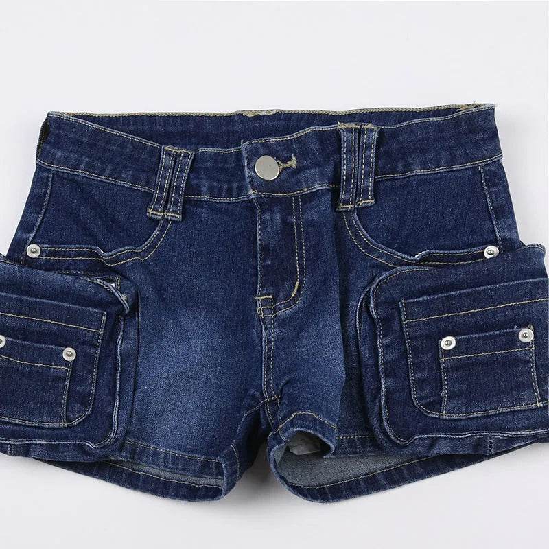 Street Washed Dark Blue Three-dimensional Pocket Splicing Low Waist Tight Hip Hot Girls Fried Street Hot Pants Super Short Jeans - www.Shopthatapp.com