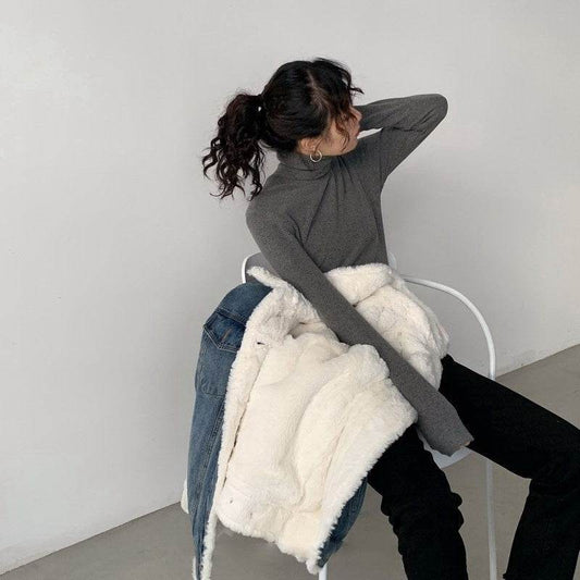 Plush Thick Lamb Wool Denim Jacket Women Short - www.Shopthatapp.com