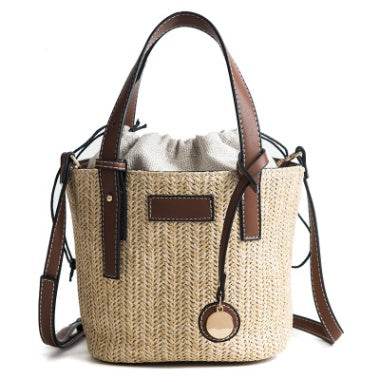 Women's bag hand-woven contrast color bucket straw bag cylinder handbag diagonal shoulder beach bag - www.Shopthatapp.com