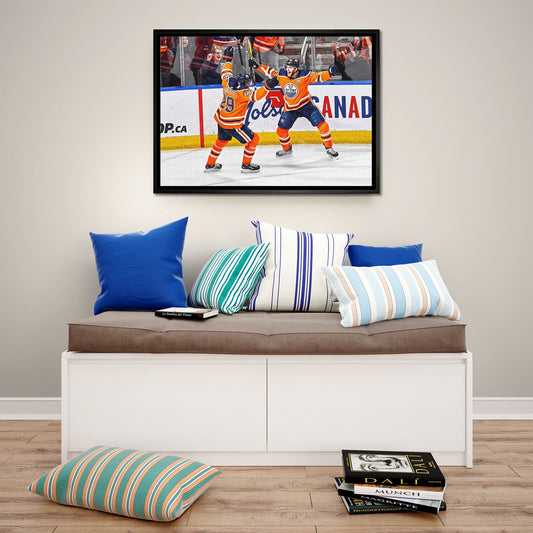 Leon Draisaitl and Connor McDavid 20x29 Framed Canvas Oilers Celebration-H - www.Shopthatapp.com