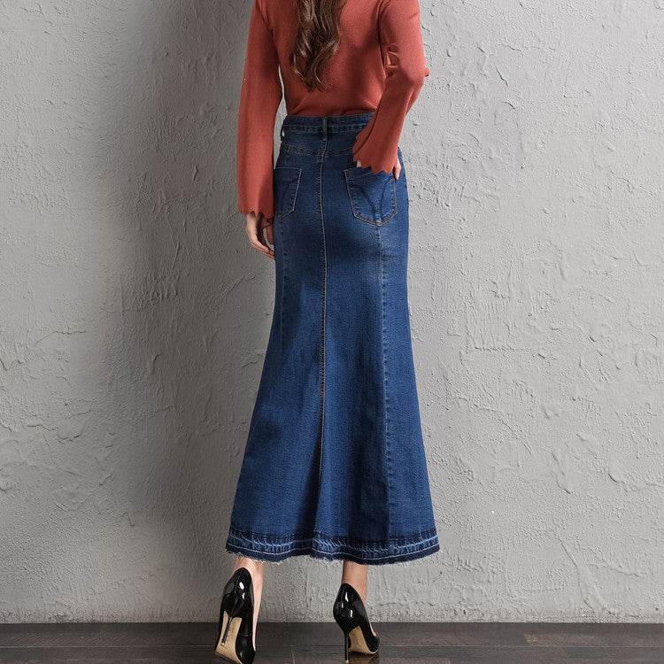New Fashion Fitted Button up Mermaid Midi Denim Skirt - www.Shopthatapp.com