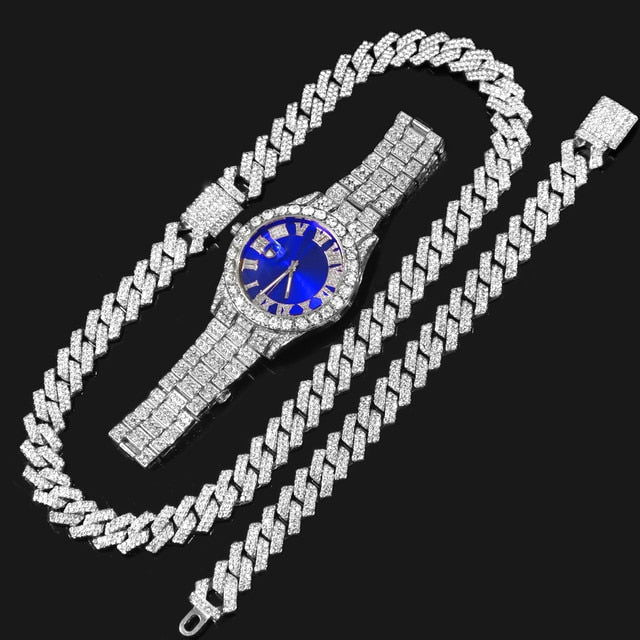 14MM Cuban Link Chain, Bracelet, Blue Face Watch - Silver - Www.Shopthatapp.com