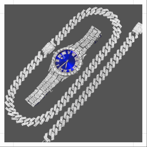 14MM Cuban Link Chain, Bracelet, Blue Face Watch - Silver - Www.Shopthatapp.com