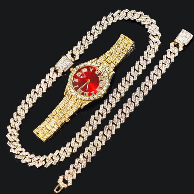 14MM Cuban Link Chain, Bracelet, Red Face Watch - Gold - Www.Shopthatapp.com