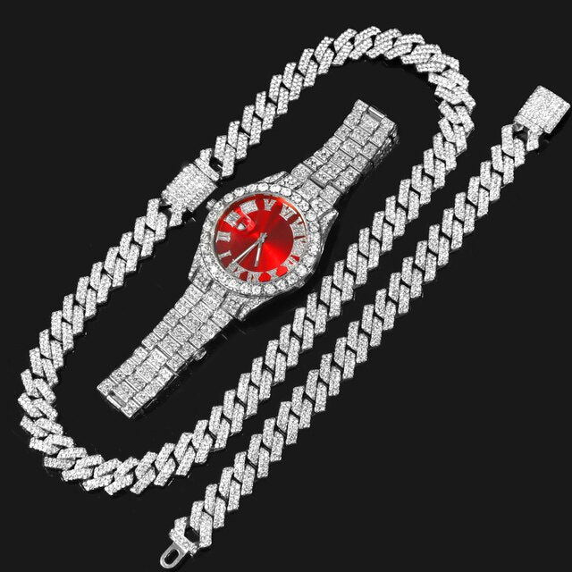 14MM Cuban Link Chain, Bracelet, Red Face Watch - Silver - Www.Shopthatapp.com