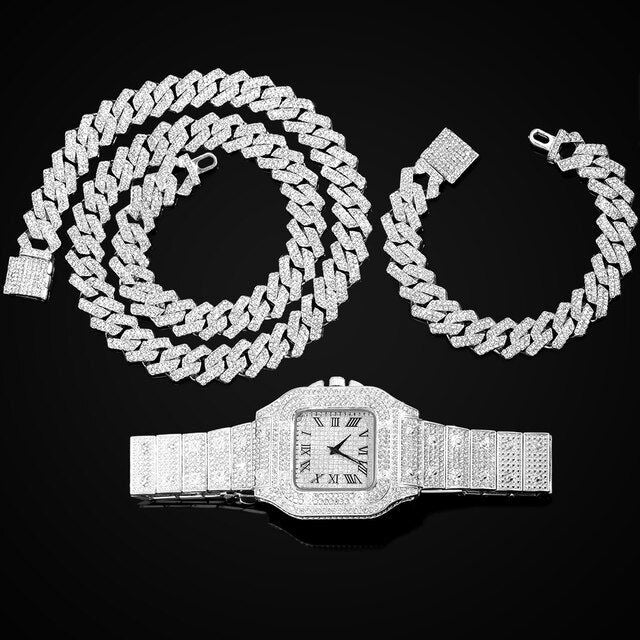 14MM Cuban Link Chain, Bracelet and Watch Set - Silver - Www.Shopthatapp.com