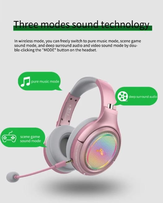 Casque sans fil Bluetooth à faible latence, casque de jeu LED RGB, microphone rose/noir