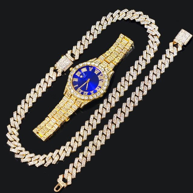 14MM Cuban Link Chain, Bracelet, Blue Face Watch - Gold - www.Shopthatapp.com
