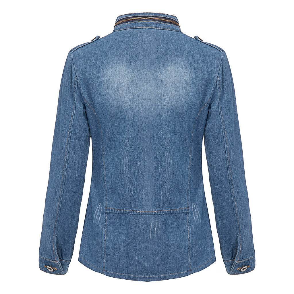 Fitted Zip up Lapel Women Denim Jacket - www.Shopthatapp.com