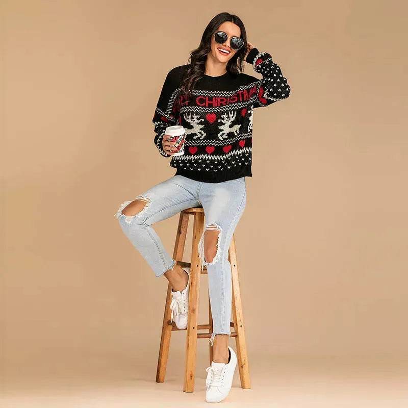 Christmas fawn Antics Reindeer Black pullover sweater - www.Shopthatapp.com