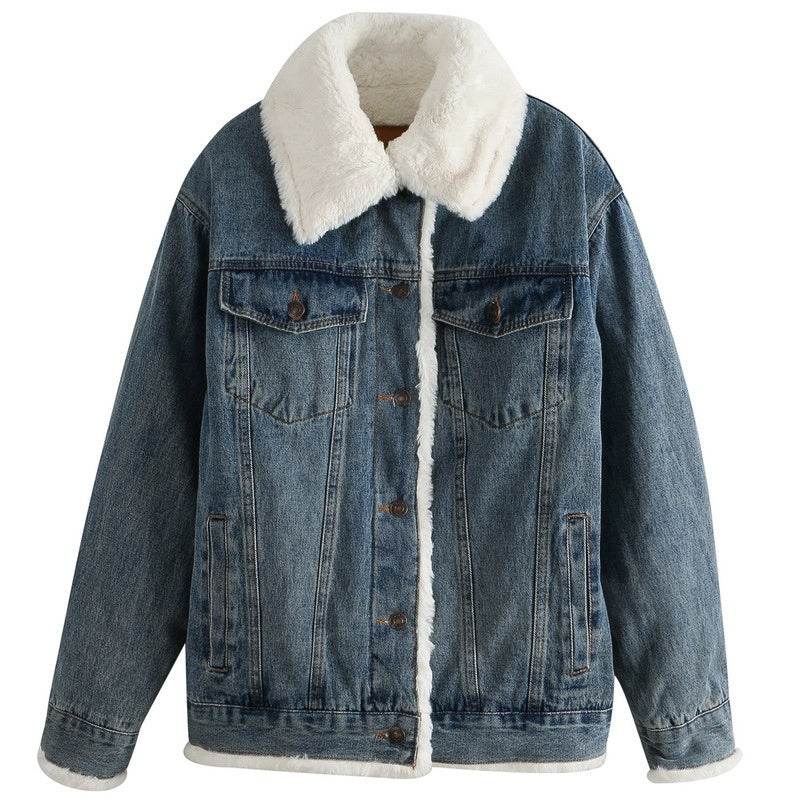 Plush Thick Lamb Wool Denim Jacket Women Short - www.Shopthatapp.com