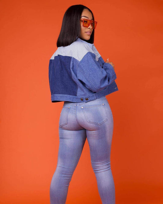 Oversized Denim Jacket – Color Matching Cotton Lapel - www.Shopthatapp.com