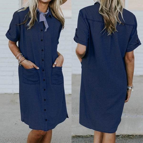 Women's Solid Color Casual Denim Short Sleeve Pocket loose Denim Dress - www.Shopthatapp.com