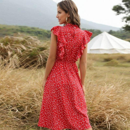 Polka dot Chiffon Ruffled Summer midi dress - www.Shopthatapp.com