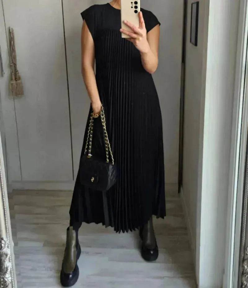 Women Summer Pleated Maxi Dress Casual Short Sleeve Crewneck Flowy Swing Long Dress with Pockets - www.Shopthatapp.com
