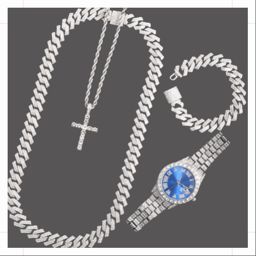 16mm Cuban Link Chain, Rope Cross Chain, Blue Face Watch, Bracelet Set - Www.Shopthatapp.com