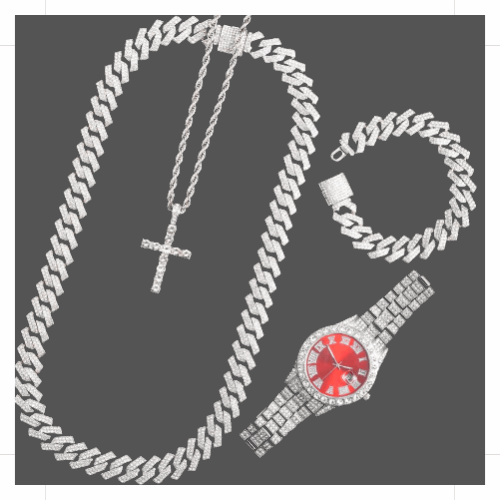 16mm Silver Cuban Link Chain, Rope Cross Chain, Red Face Watch, Bracelet Set - Www.Shopthatapp.com