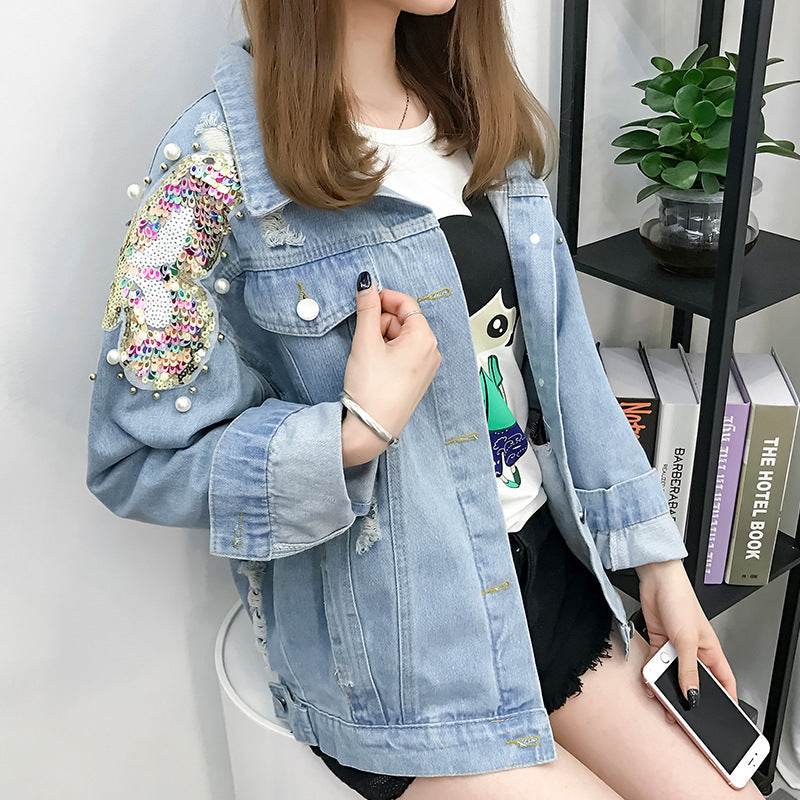 All-match Korean Style Loose Embroidered Denim Jacket Women
