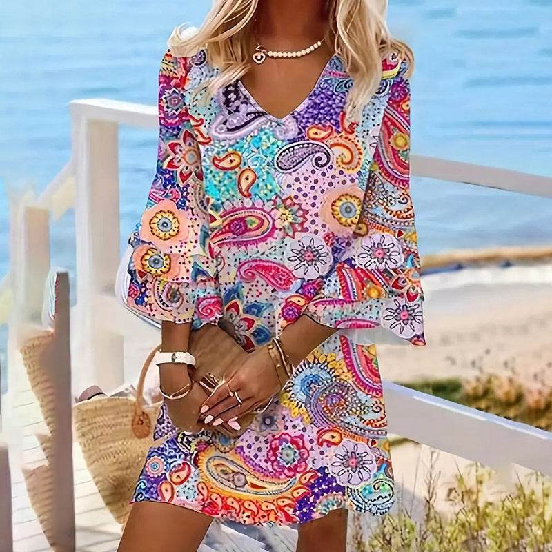 Women's V-Neck Floral Print Dress 3 4 Sleeve Summer Beach Vacation Dress With Pockets - www.Shopthatapp.com