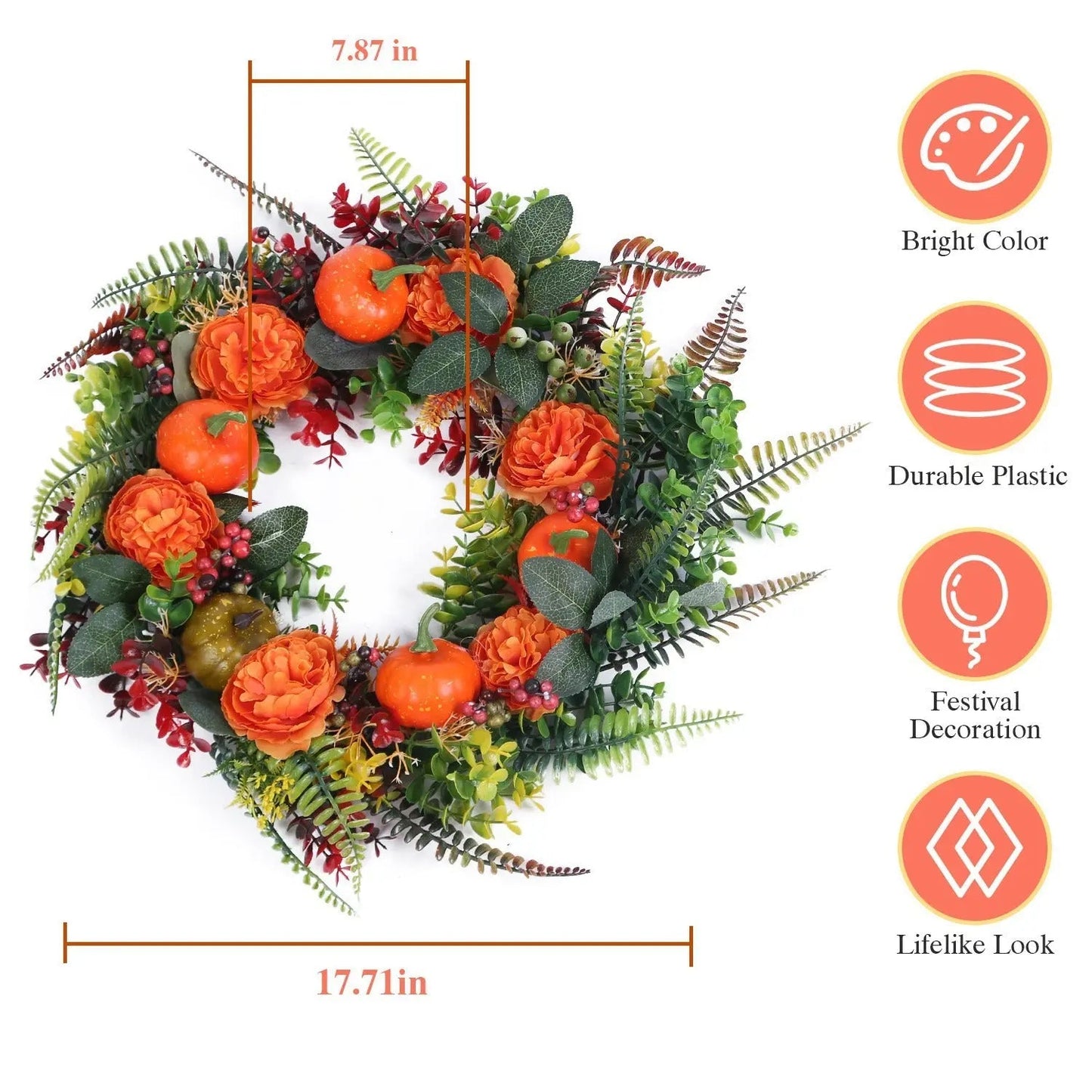 1Pc 17.71IN Autumn Wreath With Pumpkin Mixed Leaves Berries Flowers Fall Decoration For Indoor Outdoor Window Wall Front Door In Halloween Thanks Giving Day - www.Shopthatapp.com