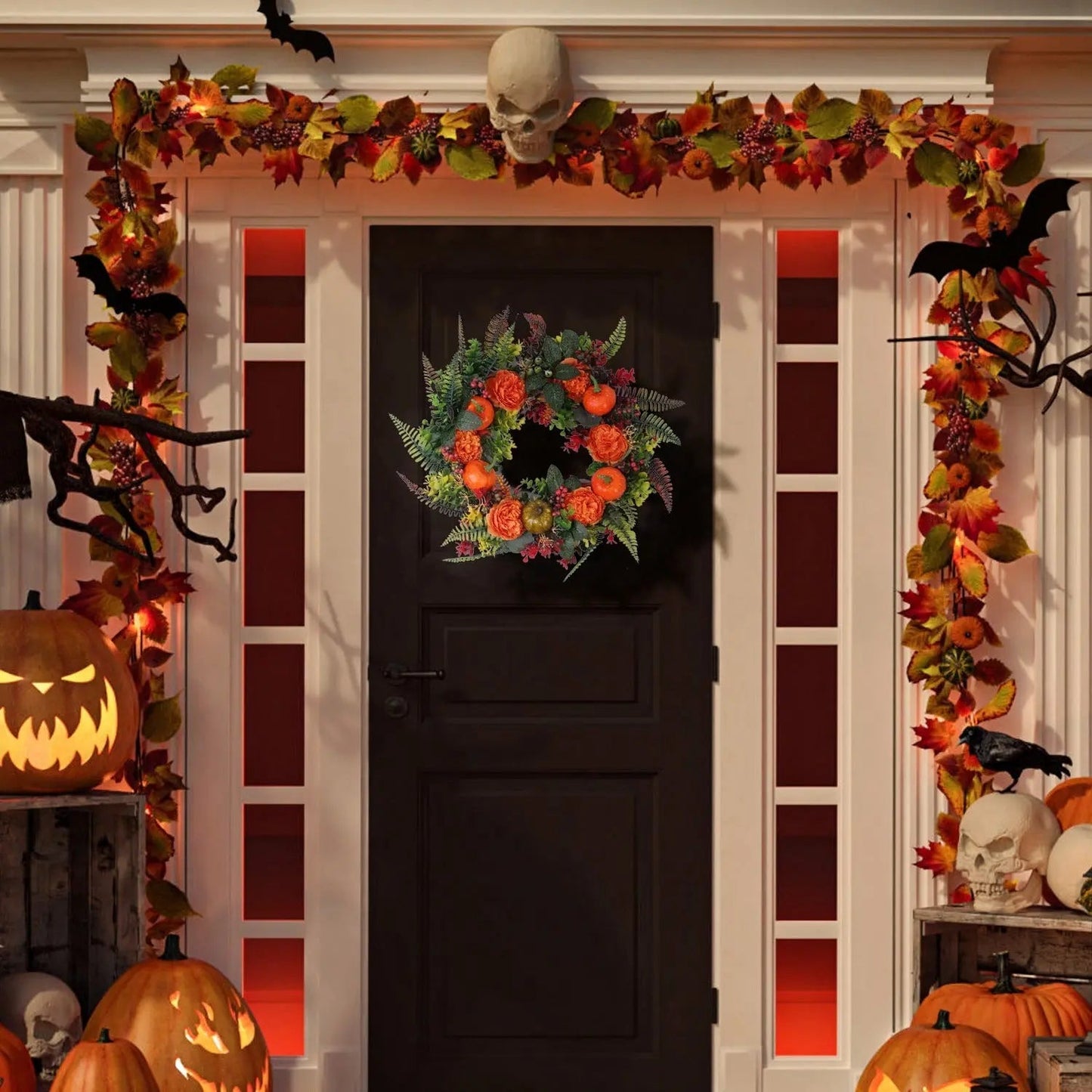 1Pc 17.71IN Autumn Wreath With Pumpkin Mixed Leaves Berries Flowers Fall Decoration For Indoor Outdoor Window Wall Front Door In Halloween Thanks Giving Day - www.Shopthatapp.com