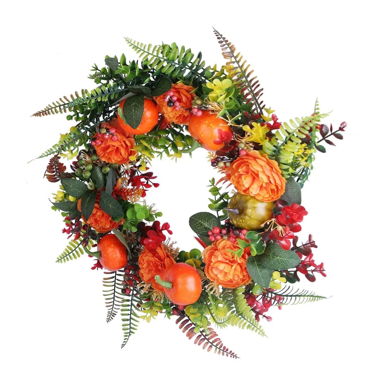 1Pc 17.71IN Autumn Wreath With Pumpkin Mixed Leaves Berries Flowers Fall Decoration For Indoor Outdoor Window Wall Front Door In Halloween Thanks Giving Day - www.Shopthatapp.com