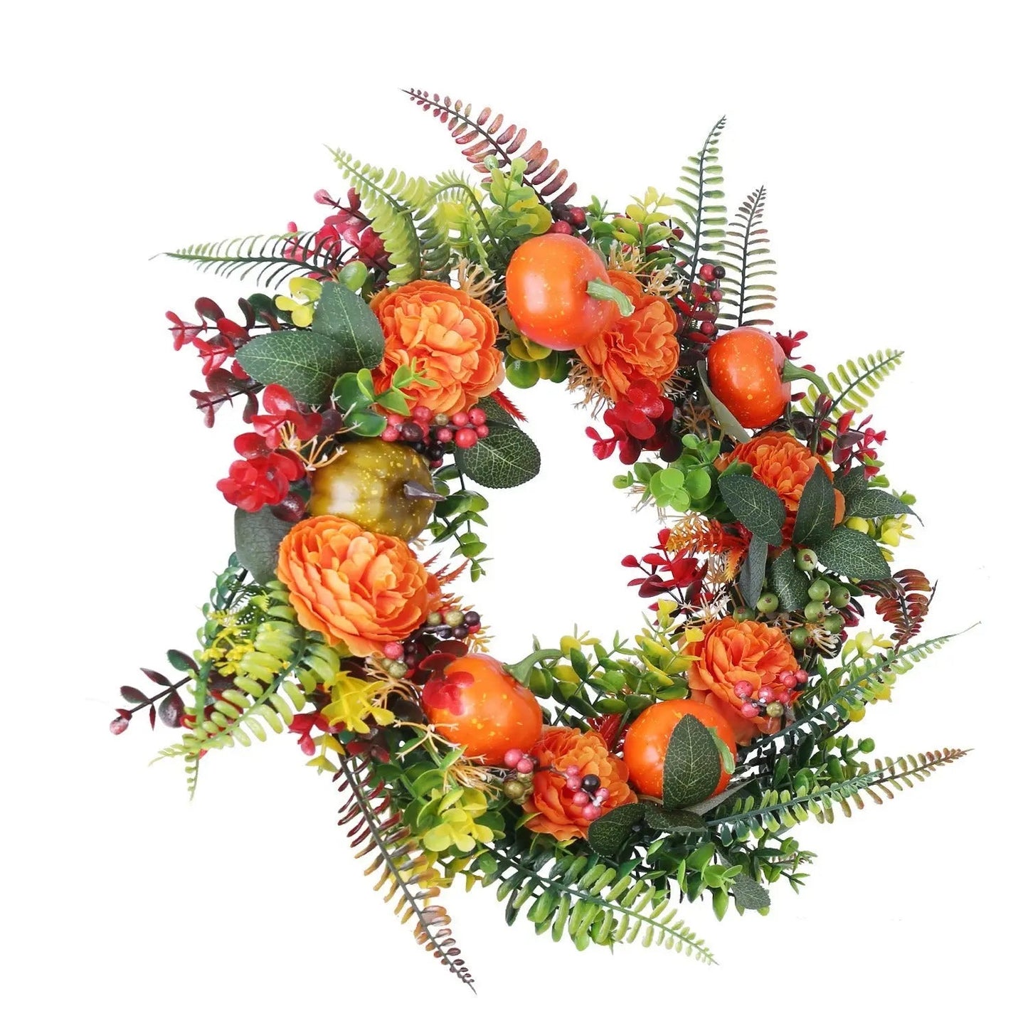 1Pc 17.71IN Autumn Wreath With Pumpkin Mixed Leaves Berries Flowers Fall Decoration For Indoor Outdoor Window Wall Front Door In Halloween Thanks Giving Day - www.Shopthatapp.com