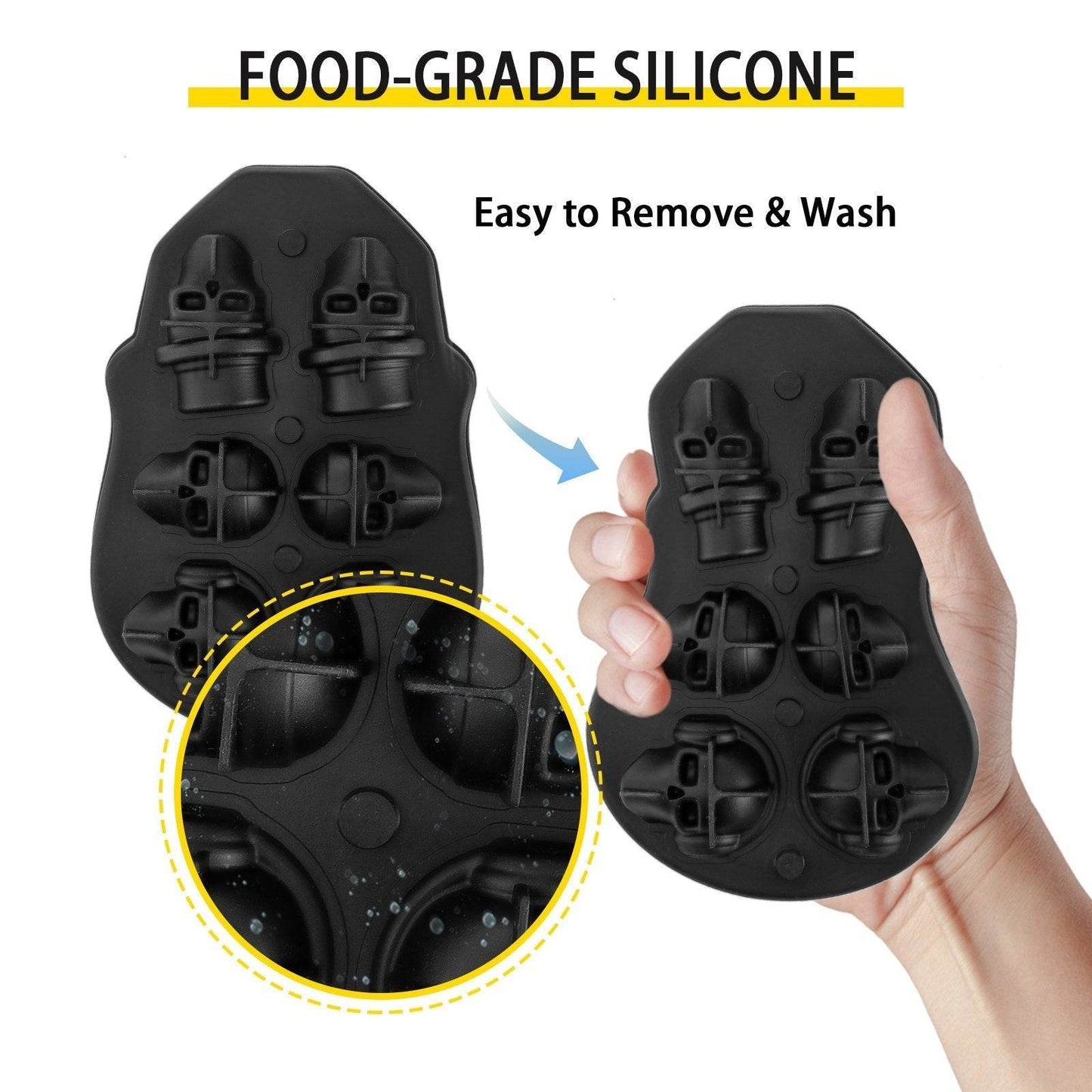 Skull Ice Cube Tray, 6-Grid Skull Ice Ball Maker, Flexible Black Silicone Ice Tray With Lid & Funnel, Skull Ice Cubes In 3 Distinct Patterns For Beverages & Chocolates On Parties & Holidays - www.Shopthatapp.com
