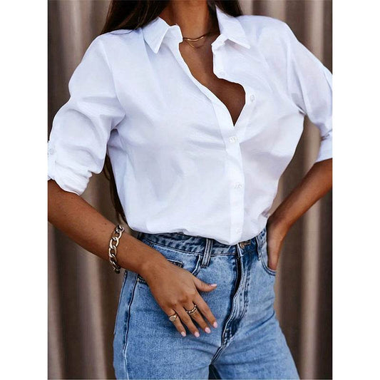 Women's Casual Long Sleeve Button-Down Shirt With Roll-Up Sleeves, Stylish Mid-Length Blouse For Everyday Wear - www.Shopthatapp.com