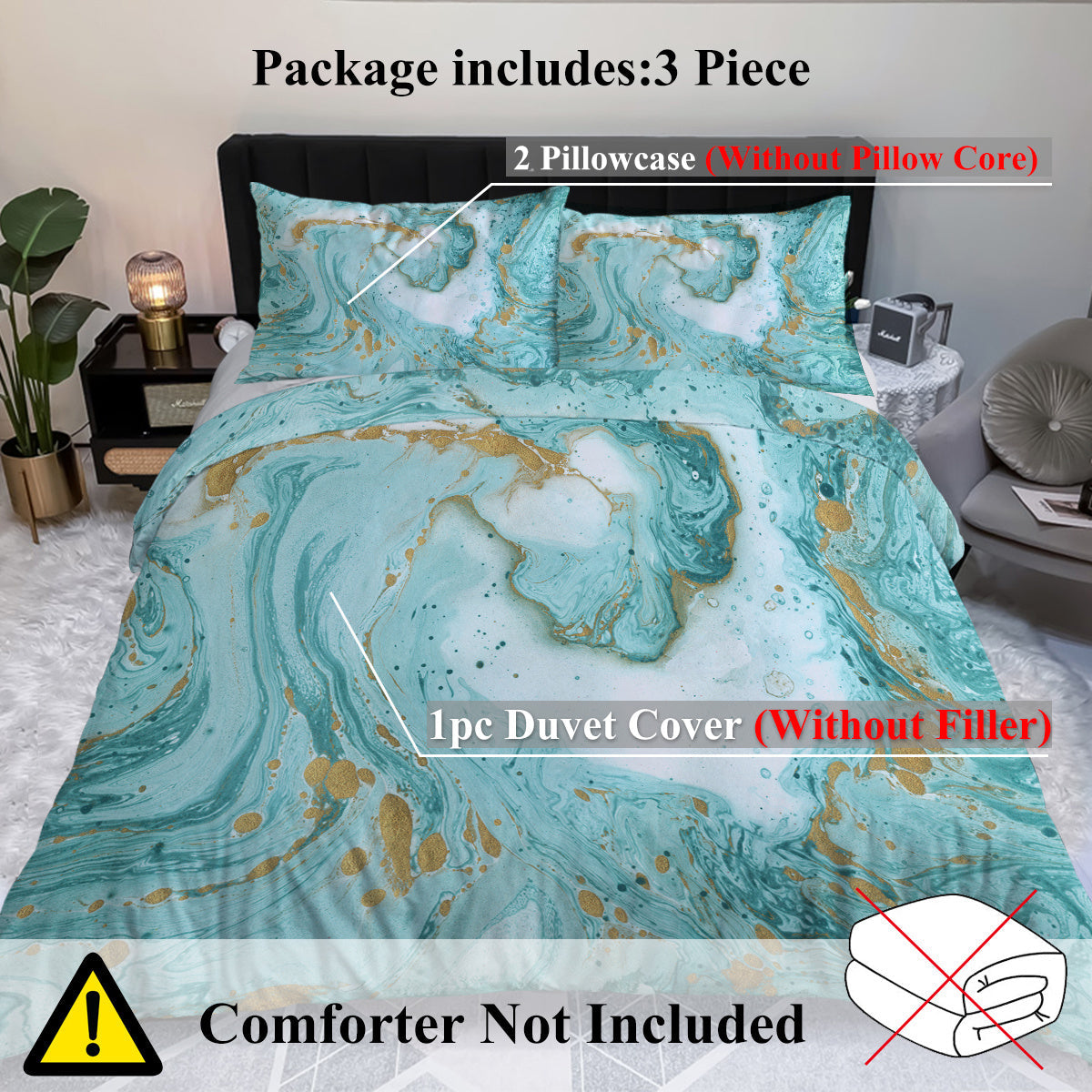 Chic Girly Marble Duvet Cover Mint Gold Glitter Turquoise Bedding Comforter Set Abstract Aqua Teel Blue Duvet Cover - www.Shopthatapp.com