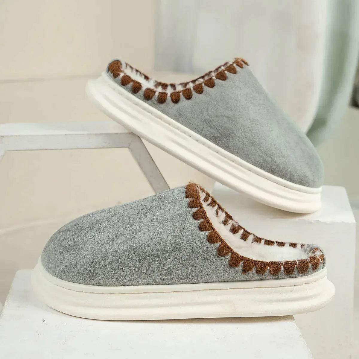 Winter Fashion Cotton Slippers With Sewing-side Design Indoor Non-slip Bedroom Floor Plush Slipper House Shoes Women Couple - www.Shopthatapp.com