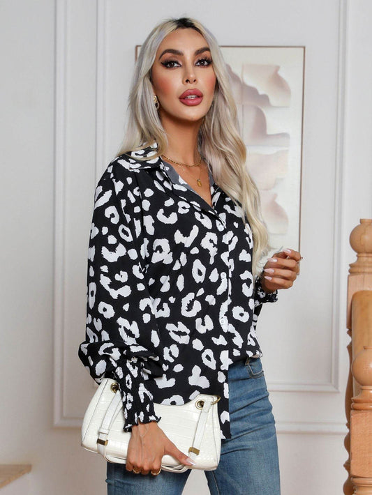 Leopard Print Lantern Sleeve Blouse Shirt top for Women - www.Shopthatapp.com