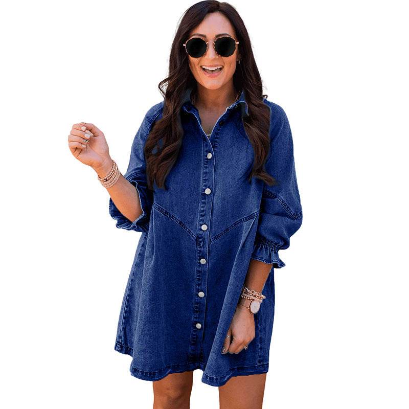 Three-quarter Sleeve Denim Dress Women's Casual Ruffles - www.Shopthatapp.com