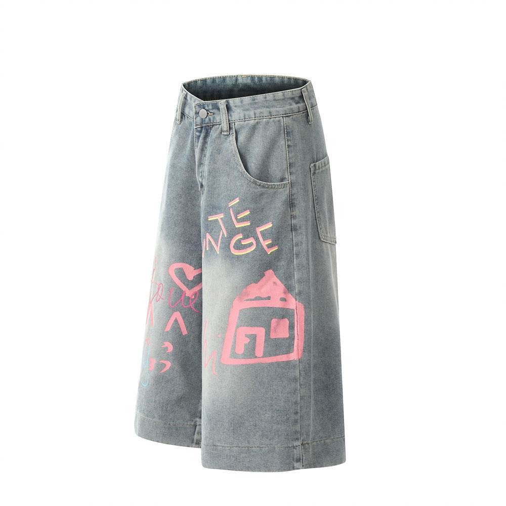 Hand Painted Graffiti Printing Denim Shorts Men Jeans - www.Shopthatapp.com