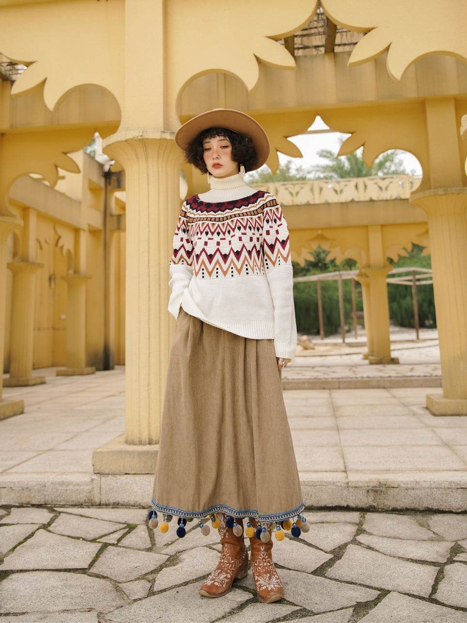 Corduroy Ethnic Style Fur Ball Stitching Brown High Waist Tassel Versatile Maxi Skirt - www.Shopthatapp.com
