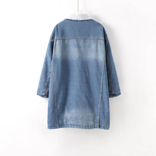Blue Fleece Lined Denim Jacket 3/4 Sleeve Unisex Jeans Jacket