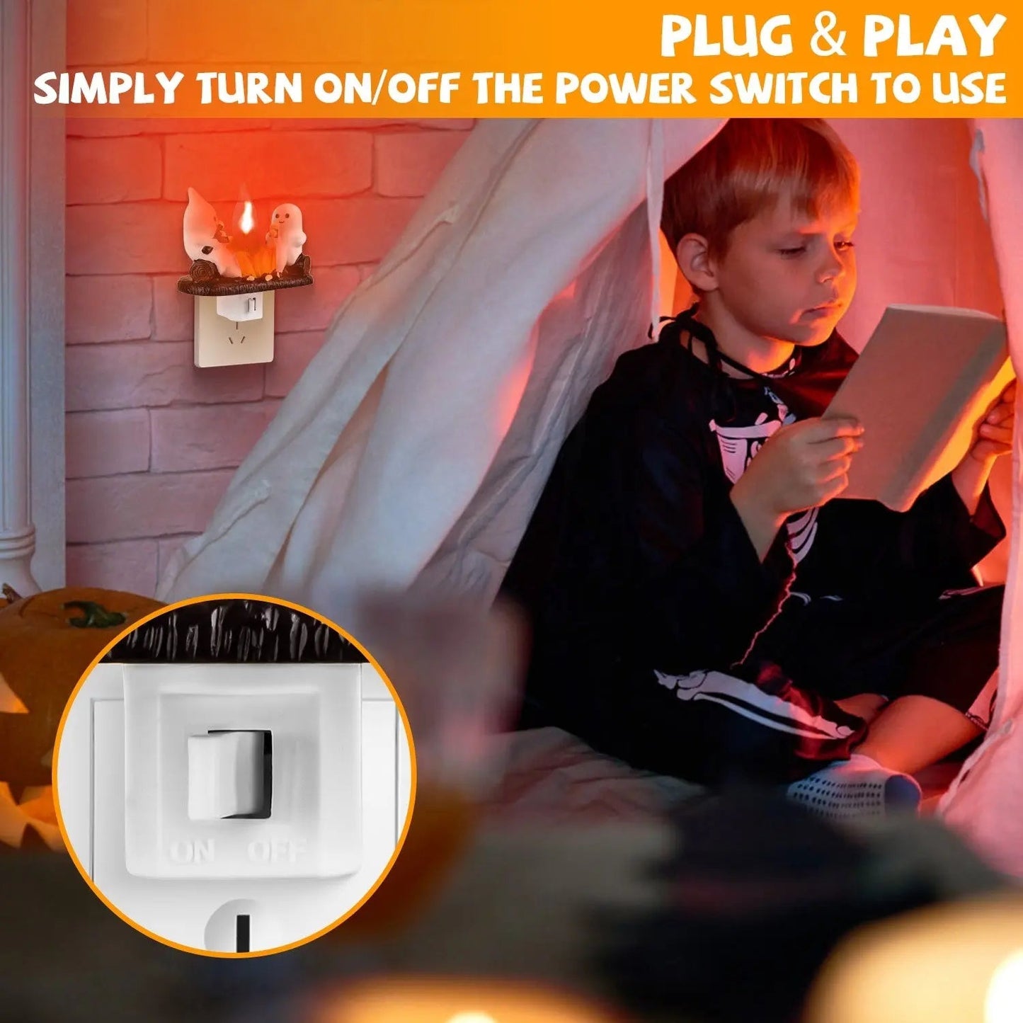 2Pcs Ghost Campfire Flickering Flame Night Light Indoor 3D Funny Halloween Nightlight Decoration Bedroom Night Light Halloween Decoration Gift For Friend Family - www.Shopthatapp.com
